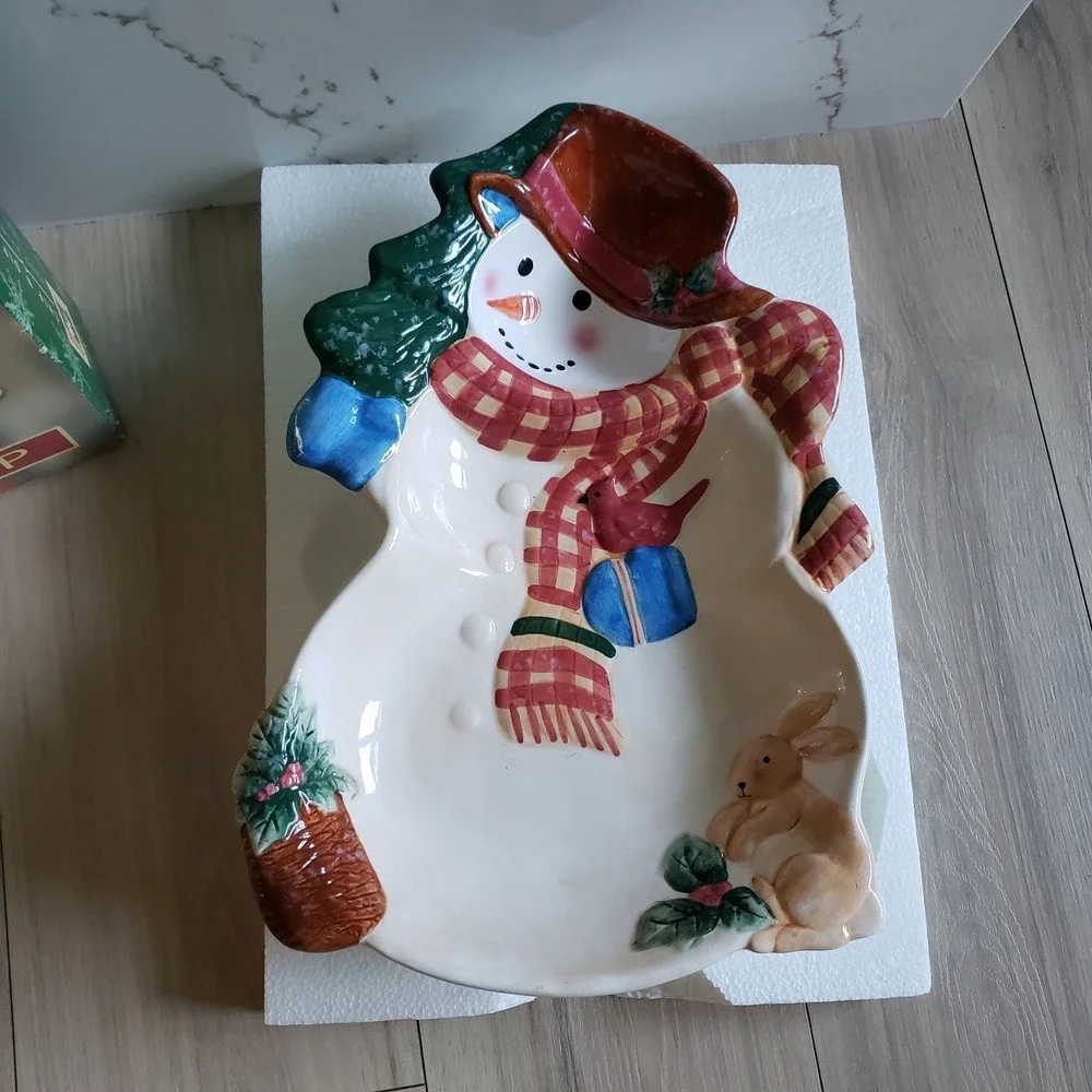 Christmas Memories Snowman Chip Dip Platter Holiday Serving Tray 17 Inch Bunny